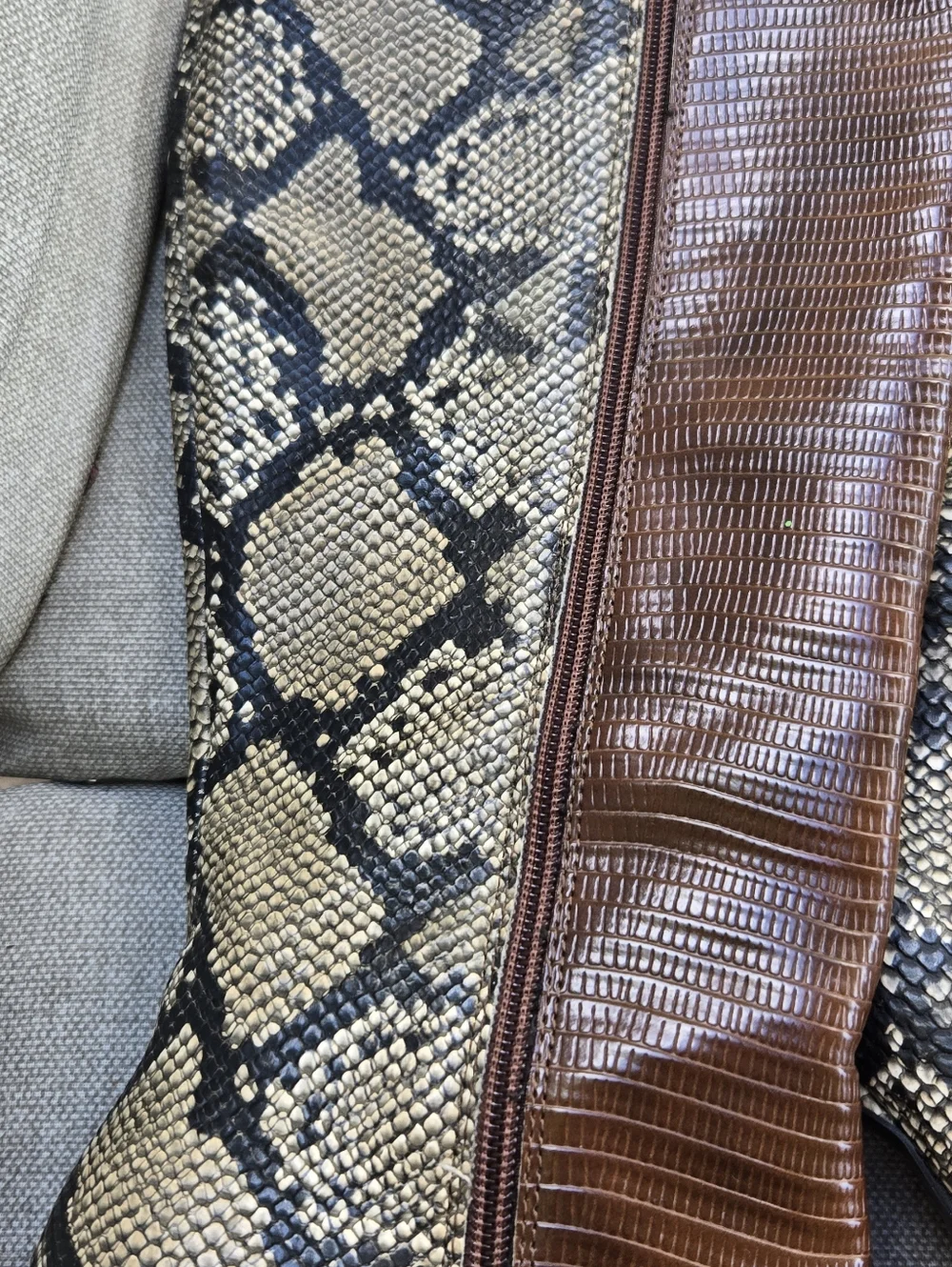 Shoe Dazzle Kioni Brown Snakeskin-Print Knee Boots with Gold Zip
